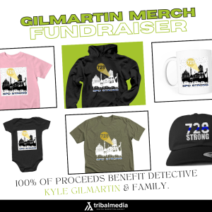 Merchandise fundraiser for Scranton Police Detective Kyle Gilmartin showcasing items for sale.
